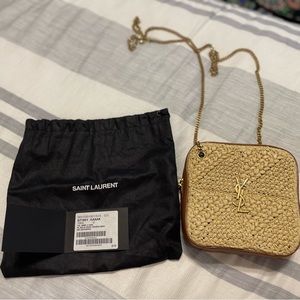 Saint Laurent Raffia and Brown Leather Change Purse